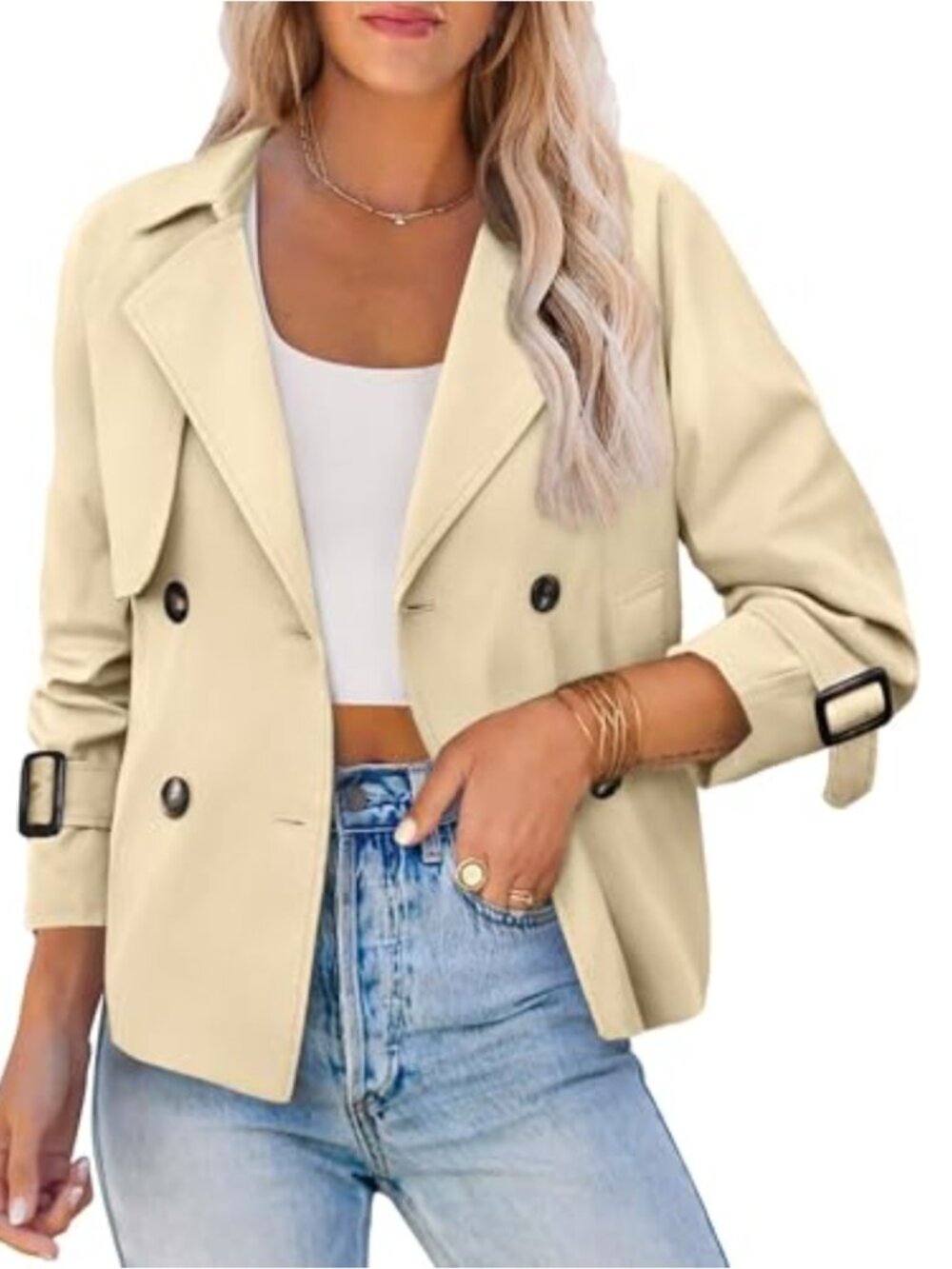 Cropped Trench Coat Double Breasted Windproof Lapel Jacket Office